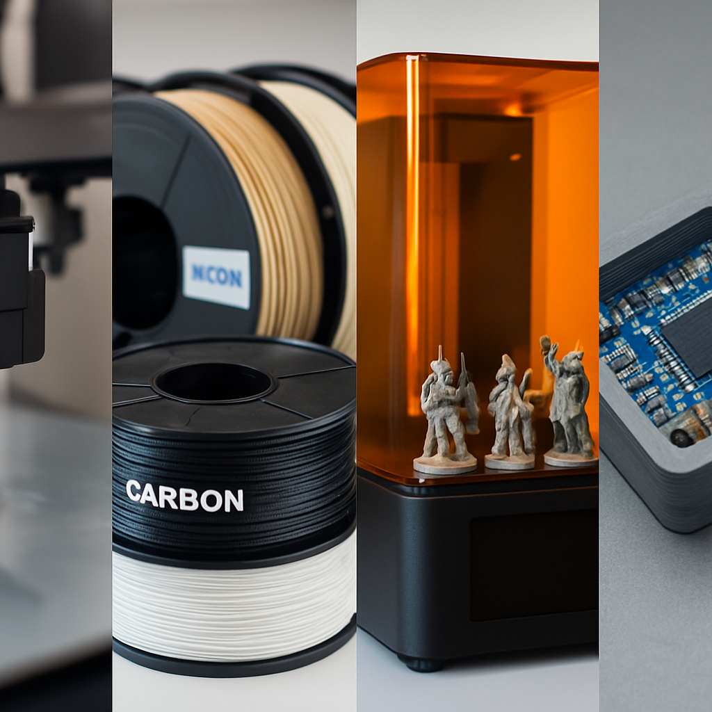 Vier kleine Fotos nebeneinander: ein Autoleveling-Sensor im Einsatz, verschiedene Filamentrollen (PETG, Nylon, Carbon-gefüllt), ein Resin-Drucker mit fein gedruckten Miniaturen, ein Elektronik-Insert in einem 3D-gedruckten Gehäuse