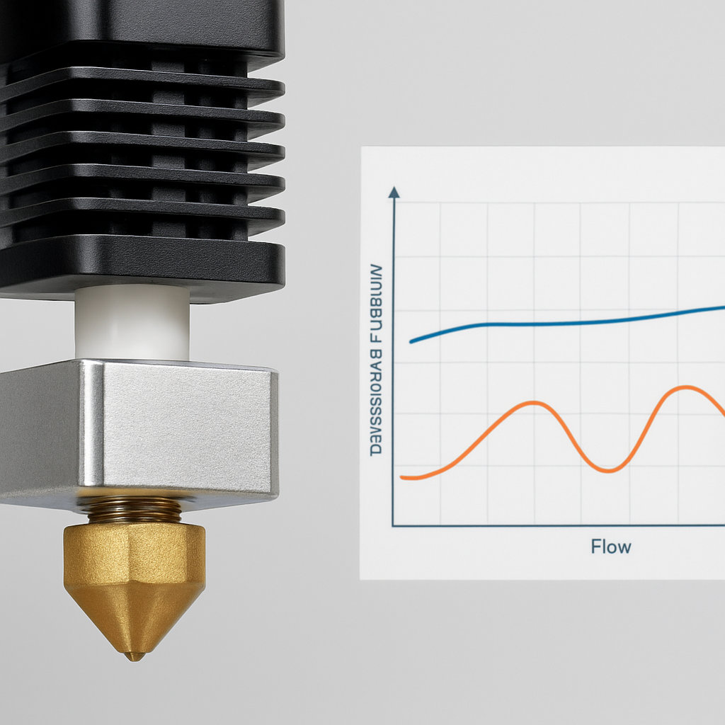 Nahaufnahme eines modernen Hotends mit PTFE-Auskleidung und einer verschleißfesten Düse, daneben ein Diagramm, das Temperaturstabilität und Fluss veranschaulicht