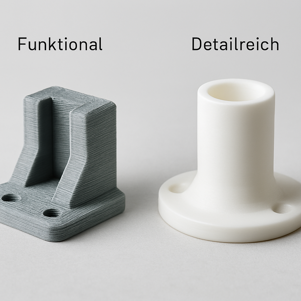 Vergleichsbild: links ein grob geschichtetes FDM-Teil, rechts ein glattes SLA-Teil, mit kurzen Notizen zu Einsatzgebieten (funktional vs. detailreich)