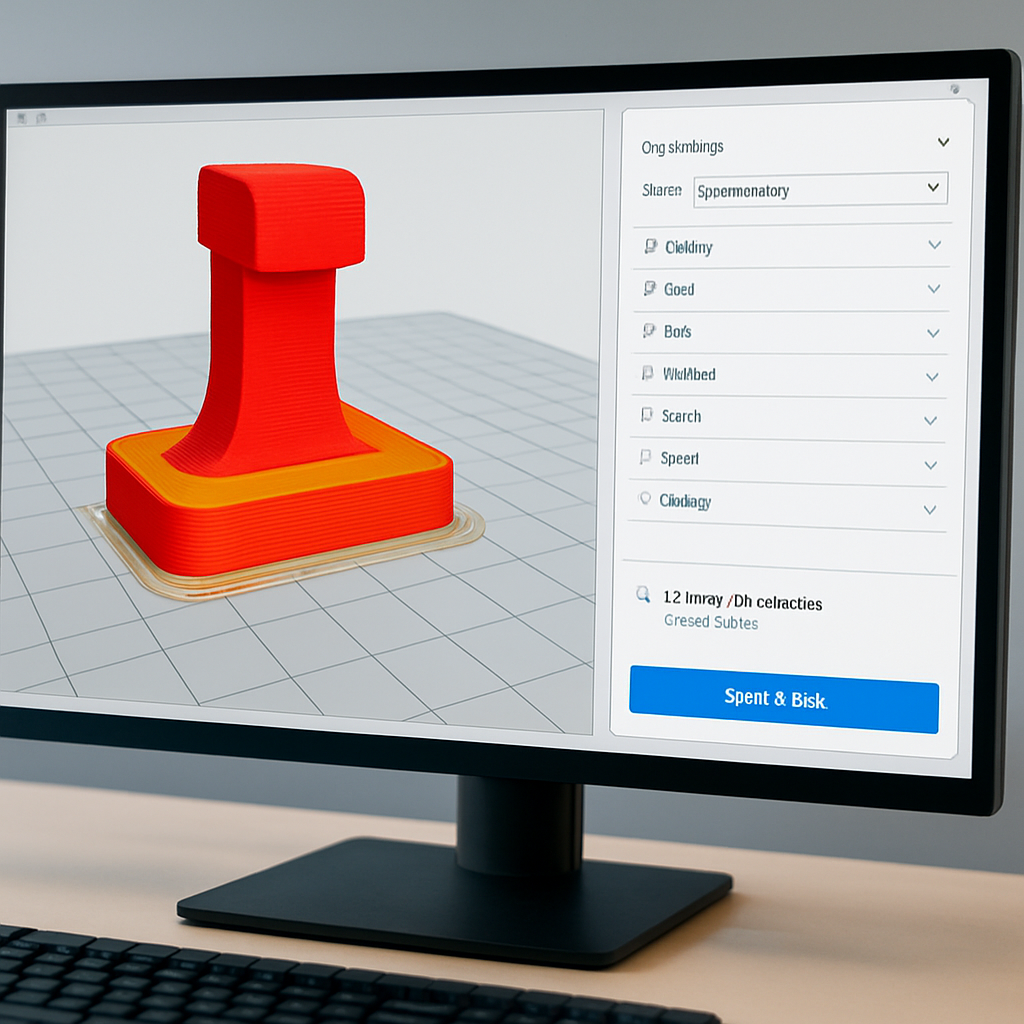 Ein Bildschirm mit einer Slicer-Vorschau (Layer-Ansicht), daneben ein zweites Fenster mit Druckprofilen und Zeitabschätzung