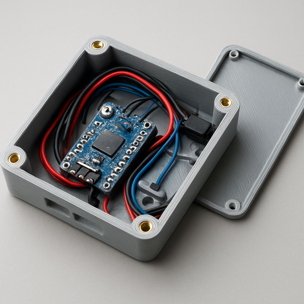 Ein 3D-gedrucktes Gehäuse offen mit eingelöten Kabeln, einem Microcontroller, Schrauben-Inserts und klar sichtbaren Kabelwegen