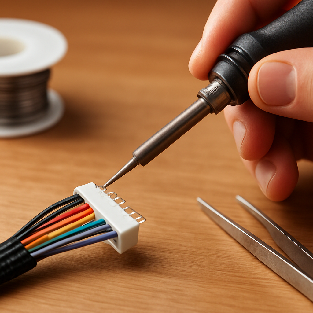 Close-up einer Hand, die mit einem Lötkolben an einem Steckverbinder lötet; gut sichtbare Zugentlastung und eine angenehme Arbeitsplatzbeleuchtung