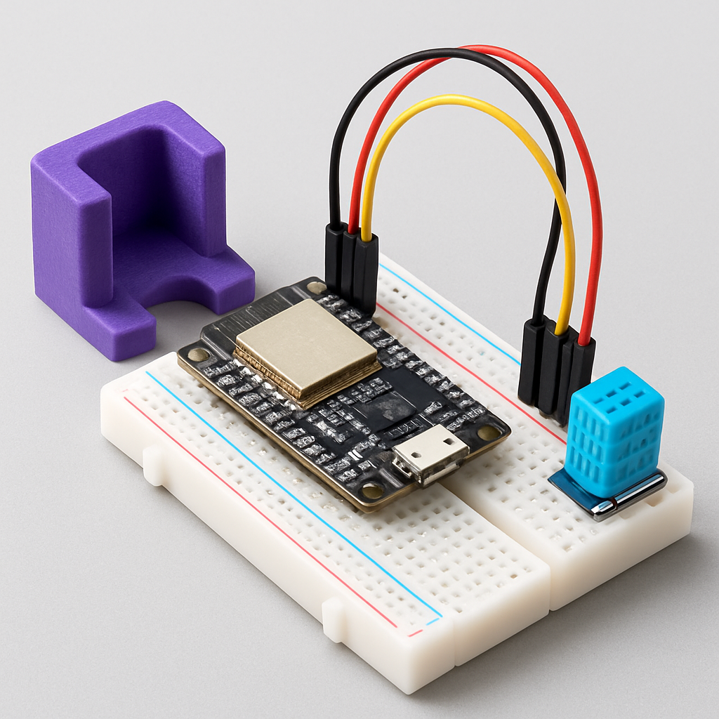 Ein kleines Breadboard-Setup mit einem gängigen Microcontroller (z. B. ESP32/Arduino-Formfaktor), Sensor, ein paar Jumper-Kabeln und einem 3D-gedruckten Halter