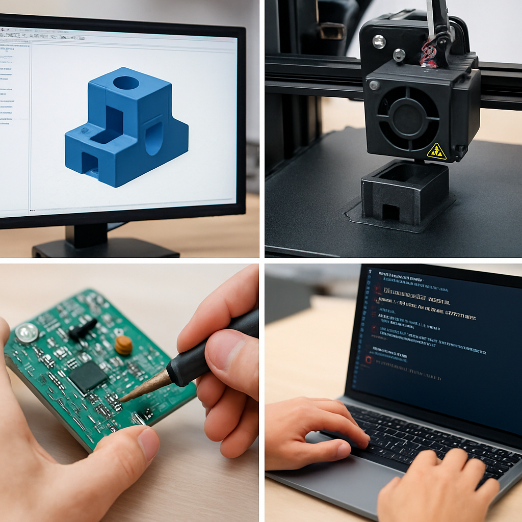 Schrittfolge in vier kleinen Bildern: 1) CAD-Modell, 2) Druckprozess, 3) Löten und Bestücken, 4) Ausführen eines Bash-Skripts auf einem Laptop zur Überwachung