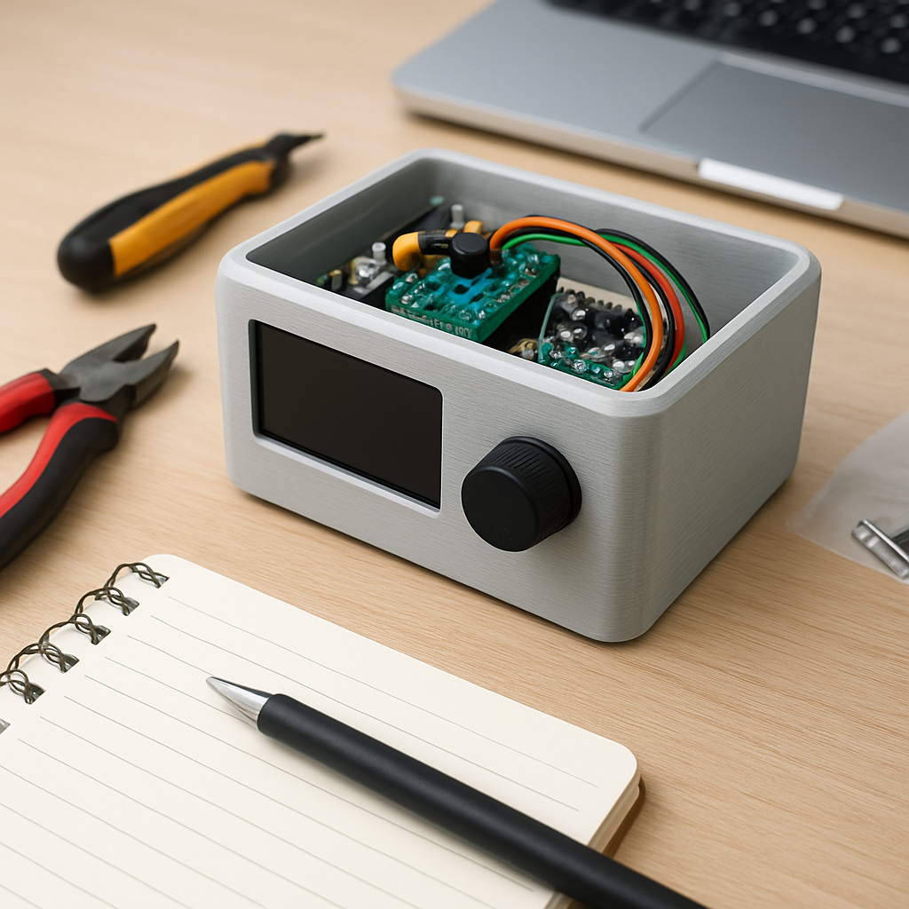 Ein fertiges DIY-Gerät auf einem Schreibtisch - 3D-gedrucktes Gehäuse mit eingebauter Elektronik, neben Werkzeugen und Notizen; die Szene wirkt nutzbar und alltagstauglich