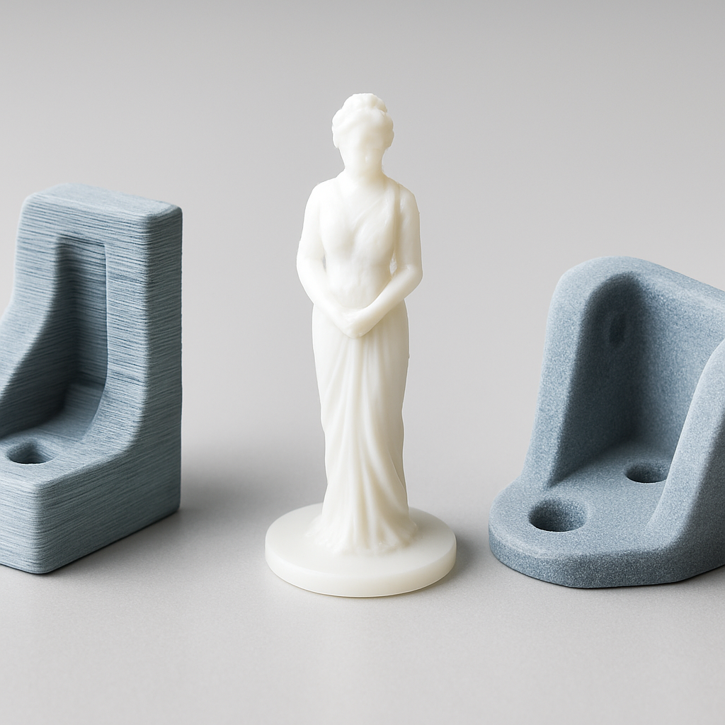 Vergleich: Drei gedruckte Teile nebeneinander - ein grob geschichtetes FDM-Teil, eine fein detaillierte SLA-Miniatur und ein funktionales, leicht körniges SLS-Bauteil