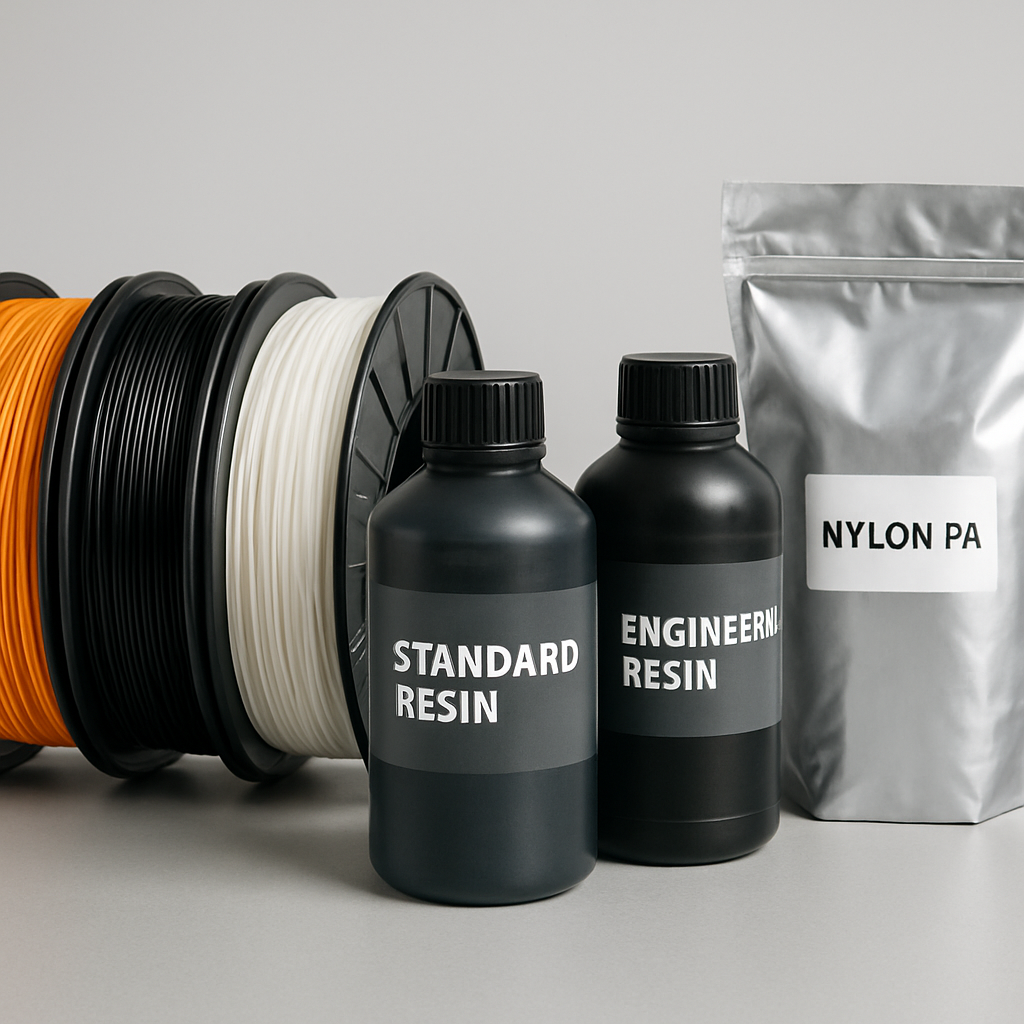 Materialtisch mit verschiedenen Filamentrollen (PLA, PETG, ABS), einer Flasche Standard-Resin, einer Flasche Engineering-Resin und einer verschlossenen Nylon-PA-Pulververpackung