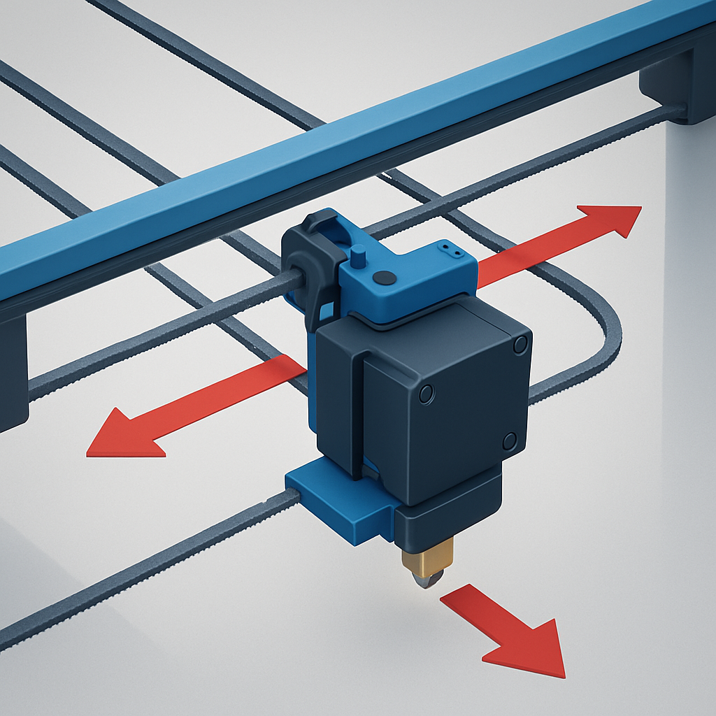 Illustration einer CoreXY-Kinematik mit hervorgehobenen Zugrichtungen und der reduzierten bewegten Masse am Extruder