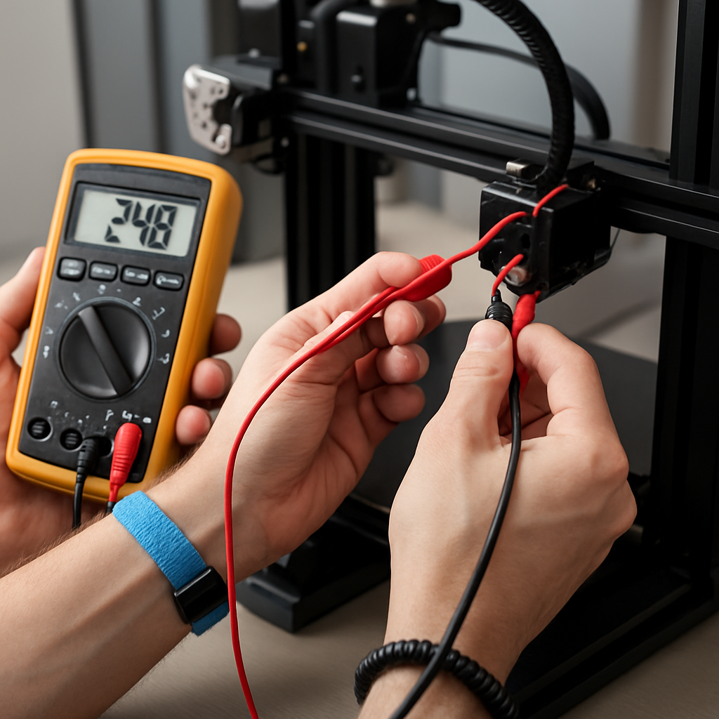 Detailfoto: Hände beim Messen mit Multimeter an einem Hotend-Kabel, ESD-Armband am Handgelenk sichtbar