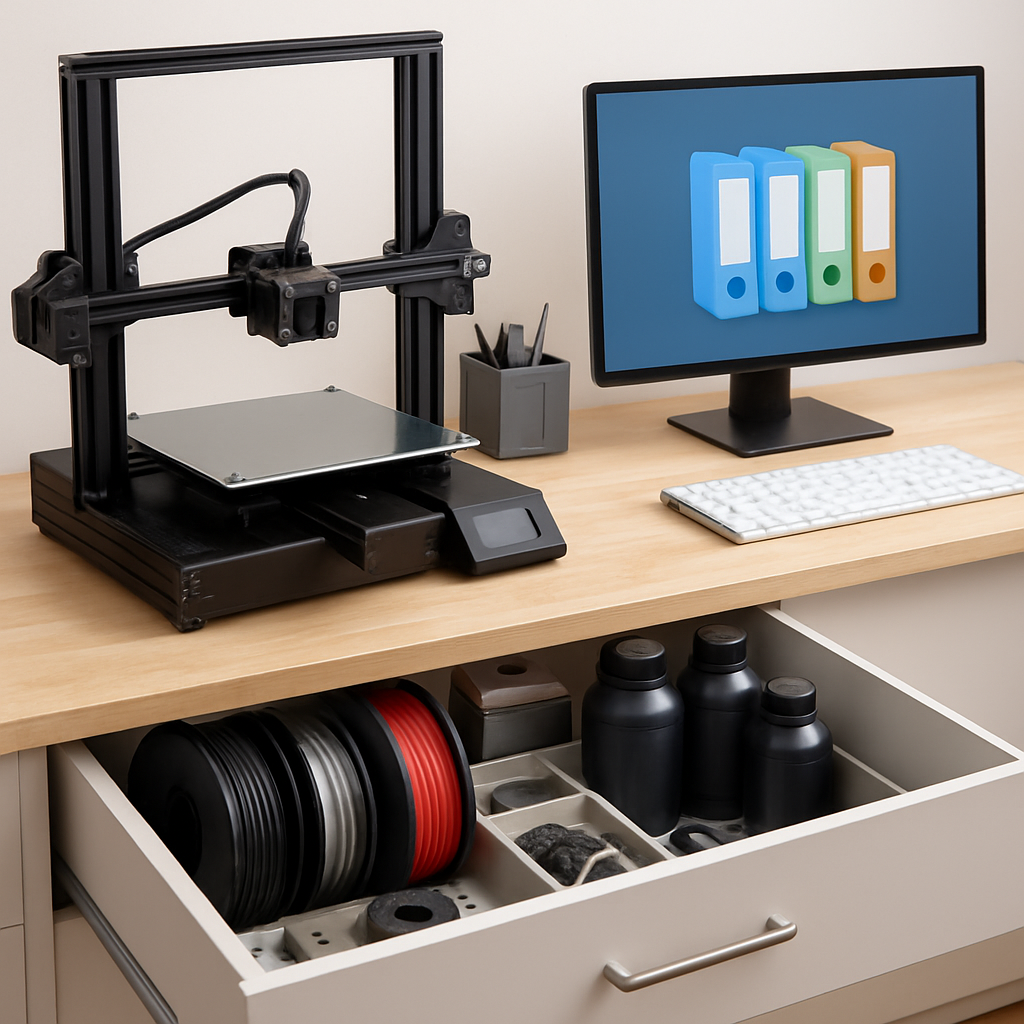 Abschlussbild: Ein Hobby-Arbeitsplatz mit einer Schublade voller Ersatzteile, Rollen, Harzflaschen und einer geordneten Ordnerstruktur auf dem Bildschirm als Symbol für guten Workflow