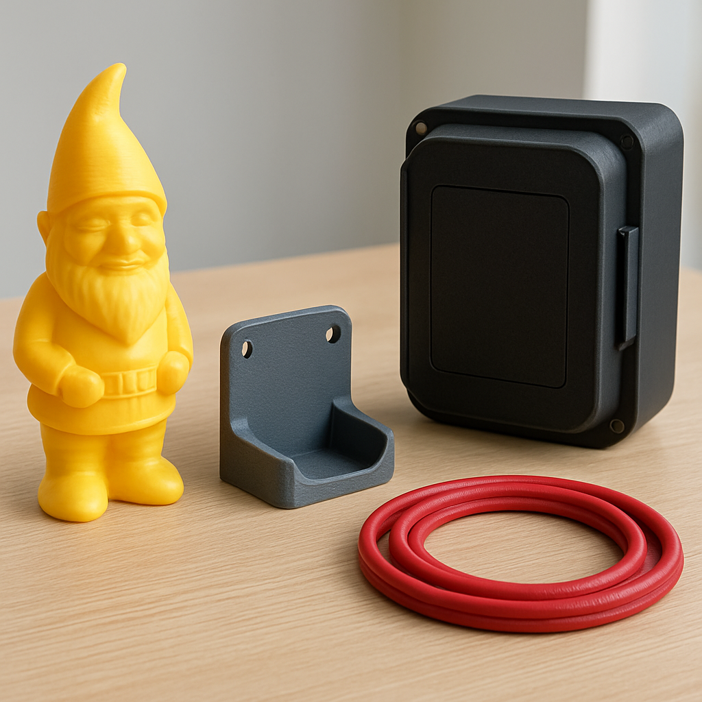 Ein kleiner Tisch mit typischen Anwendungsbeispielen: Dekofigur (PLA), Halterung (PETG), Gehäuse im Außenbereich (ASA), flexible Dichtung (TPU)