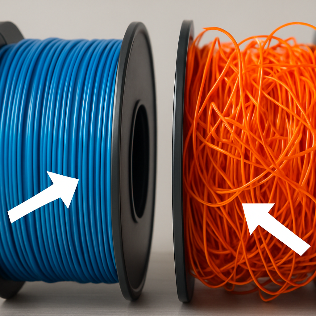 Detailaufnahme einer gut gewickelten Spule im Vergleich zu einer chaotisch gewickelten Spule, mit Pfeilen die problematische Bereiche markieren