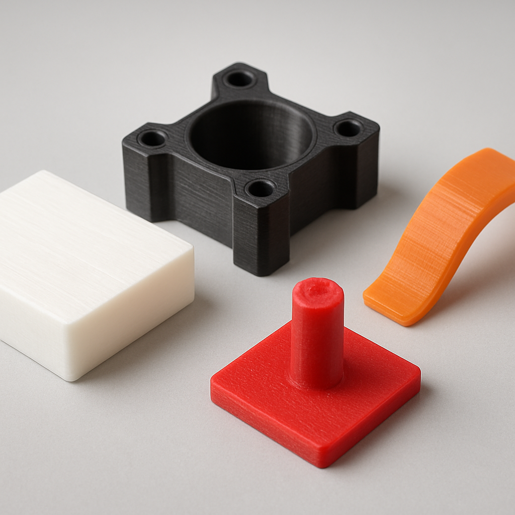 Montage mit Druckmustern: saubere PLA-Oberfläche, PETG-Teil mit guter Zähigkeit, ABS mit sichtbarer Nachbearbeitung, TPU-Teil gebogen zur Demonstration der Elastizität