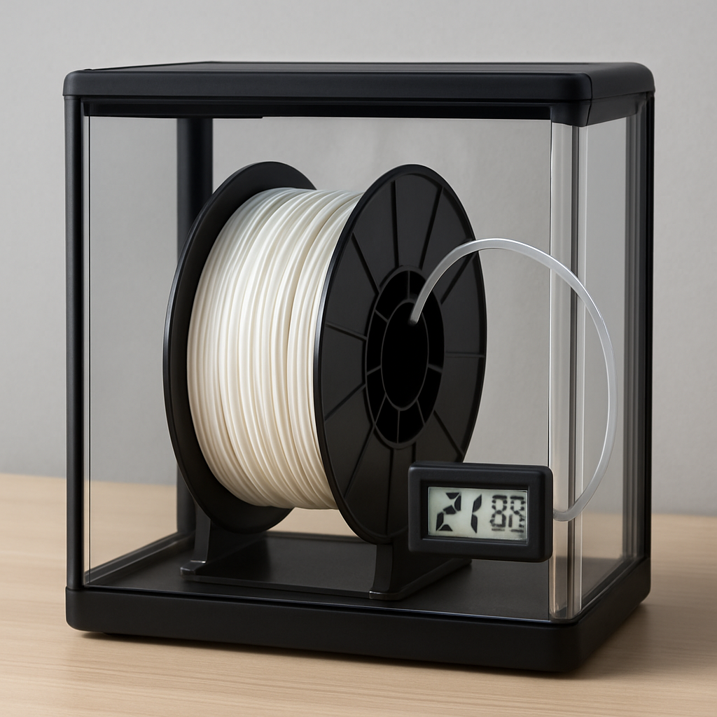 Aufbau einer Drybox: Spule in Box mit Schlauch zum Extruder, eingebauter Hygrometer-Display