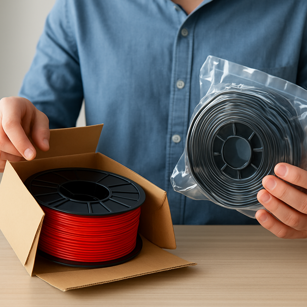 Eine Person entnimmt zwei Spulen aus unterschiedlichen Lieferverpackungen: eine lose vom Marktplatz, eine professionell vakuumverpackte vom Hersteller