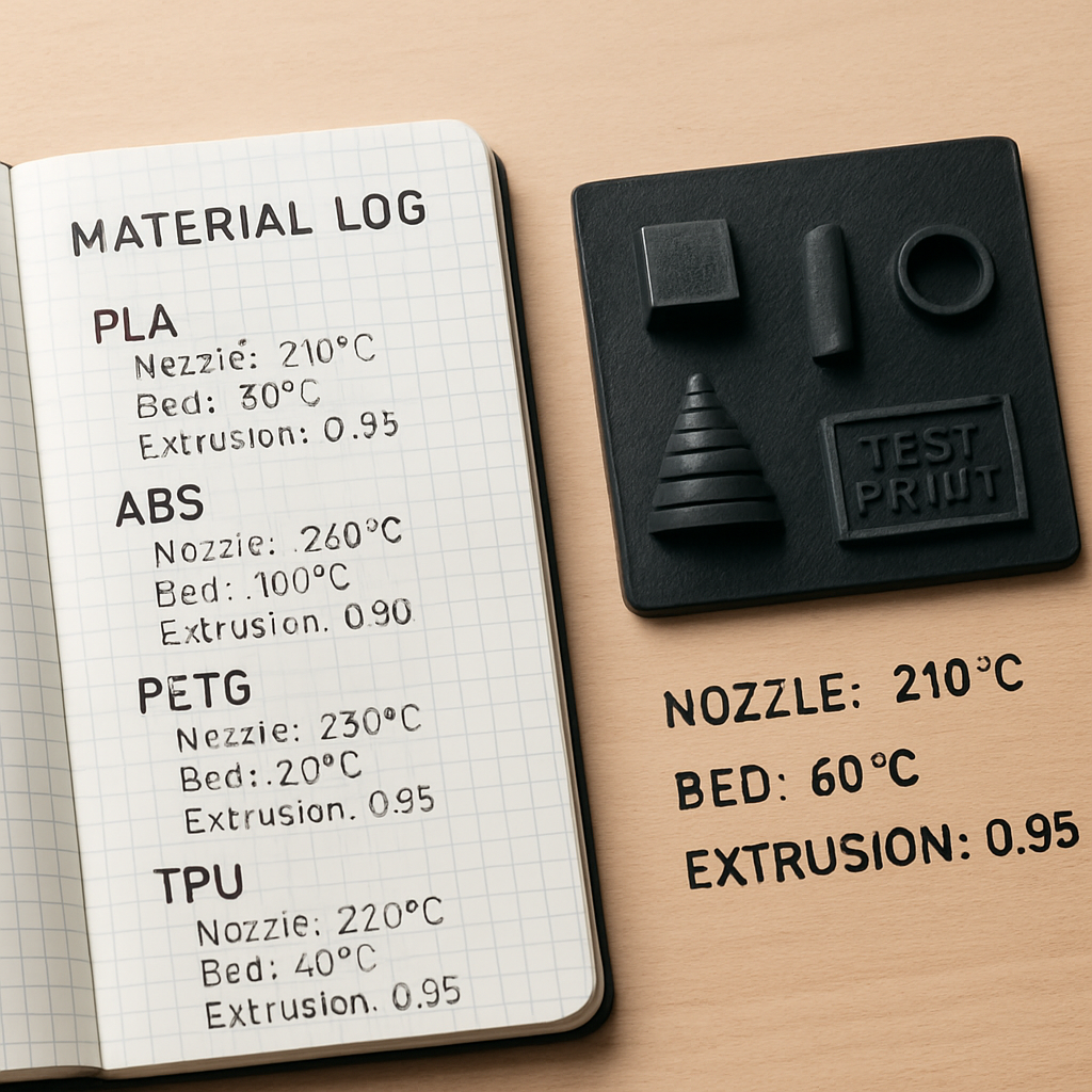 Ein kleines Notizbuch mit Material-Logbuch-Einträgen neben einer Testdruckplatte und Beschriftung der Einstellungen