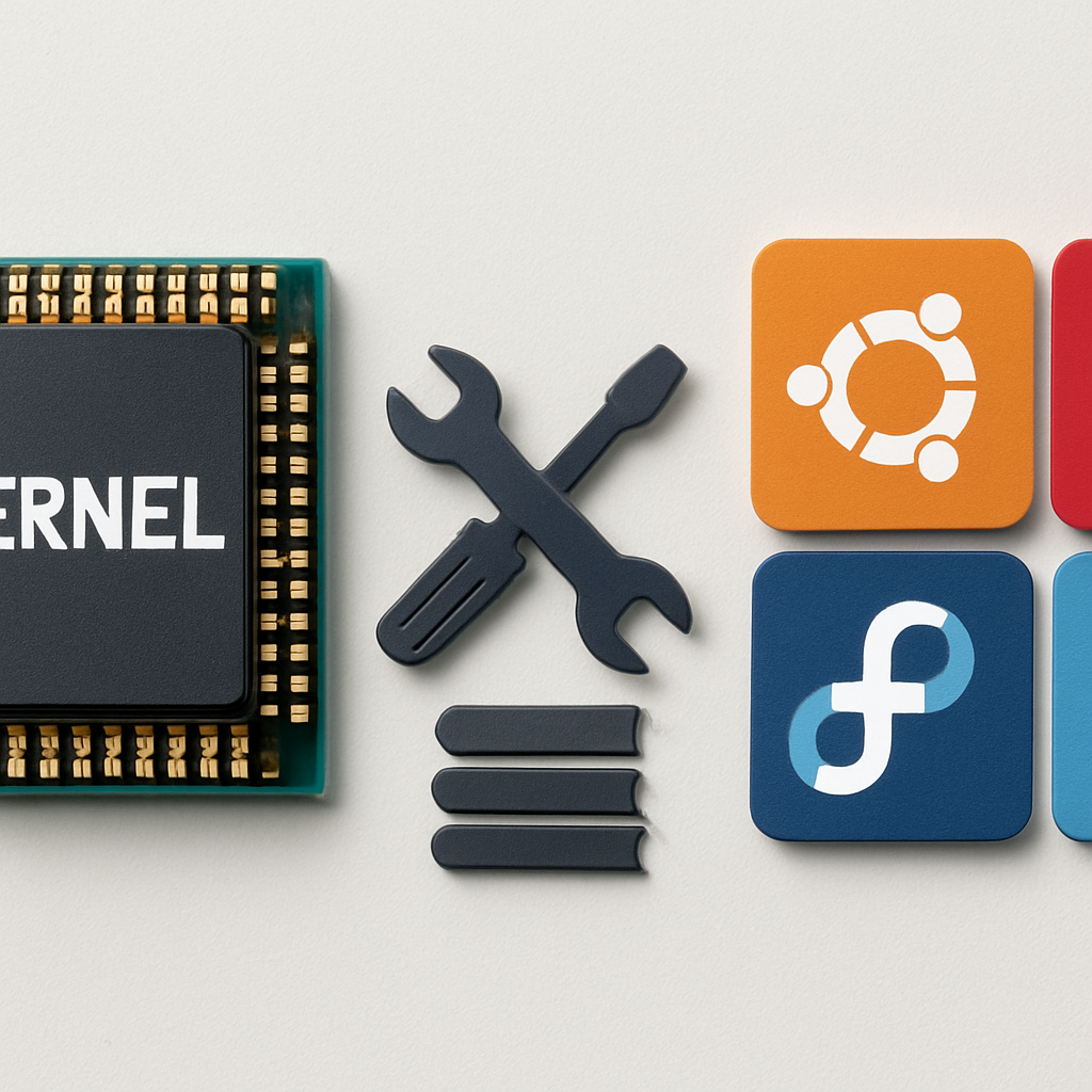 Grafik, die den Unterschied zeigt: ganz links ein Computerchip mit der Beschriftung ‚Kernel‘, in der Mitte Tools/Bibliotheken, rechts mehrere Kacheln mit Distributionen wie Ubuntu, Debian, Fedora