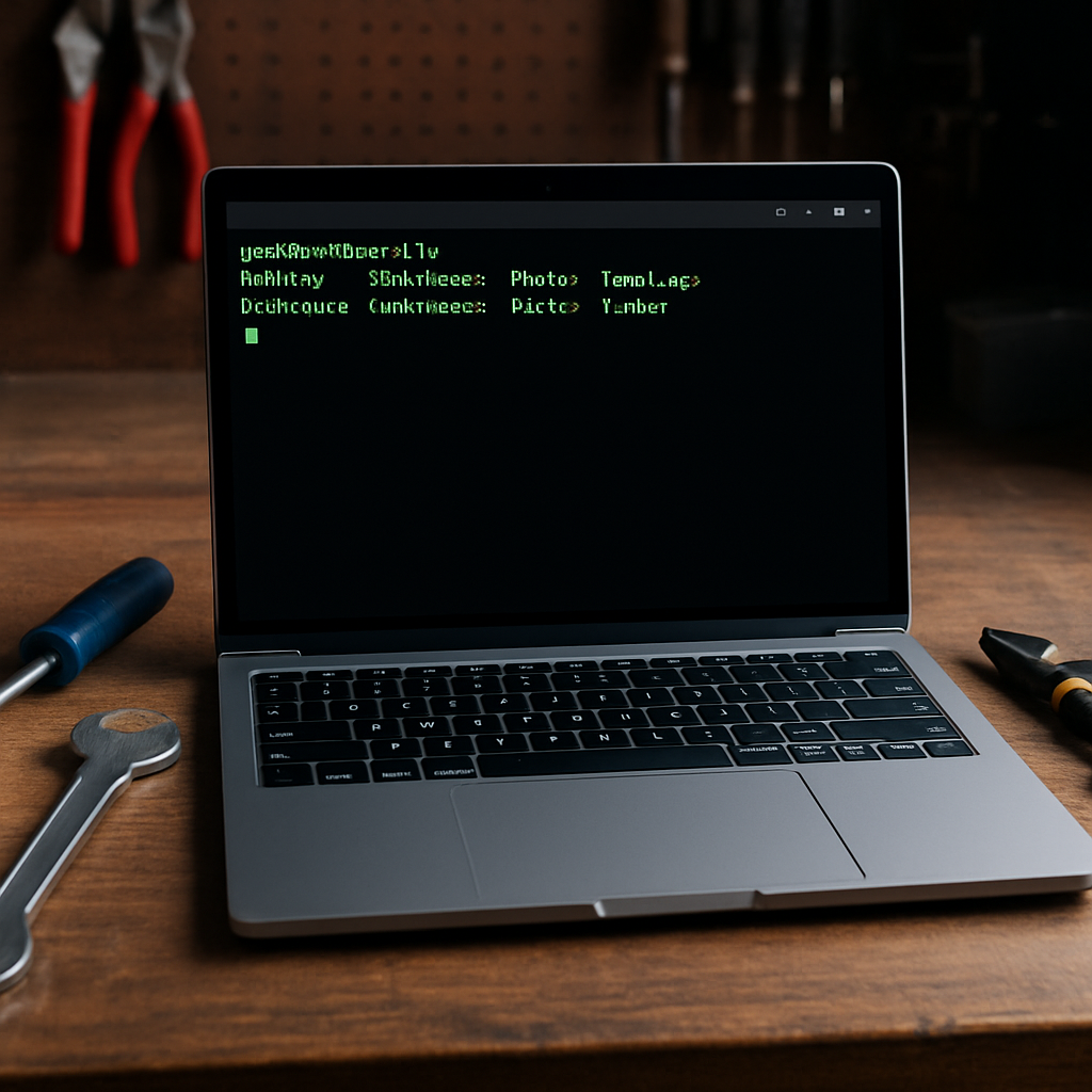 Foto eines Laptops mit offenem Terminalfenster auf einem Werkstatt-Tisch