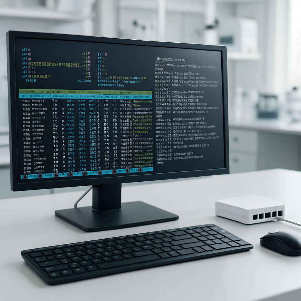 Arbeitsplatz in einem Labor: Bildschirm mit htop, daneben ein offenes Terminal mit journalctl-Ausgabe und ein eingebauter kleiner Router