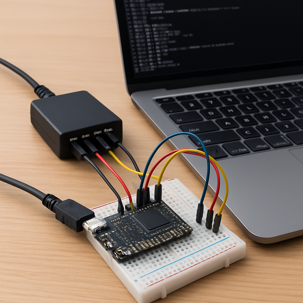 Nahaufnahme eines Messaufbaus: Mikrocontroller auf Steckbrett, angeschlossener Logic Analyzer und Laptop mit serieller Ausgabe im Terminal