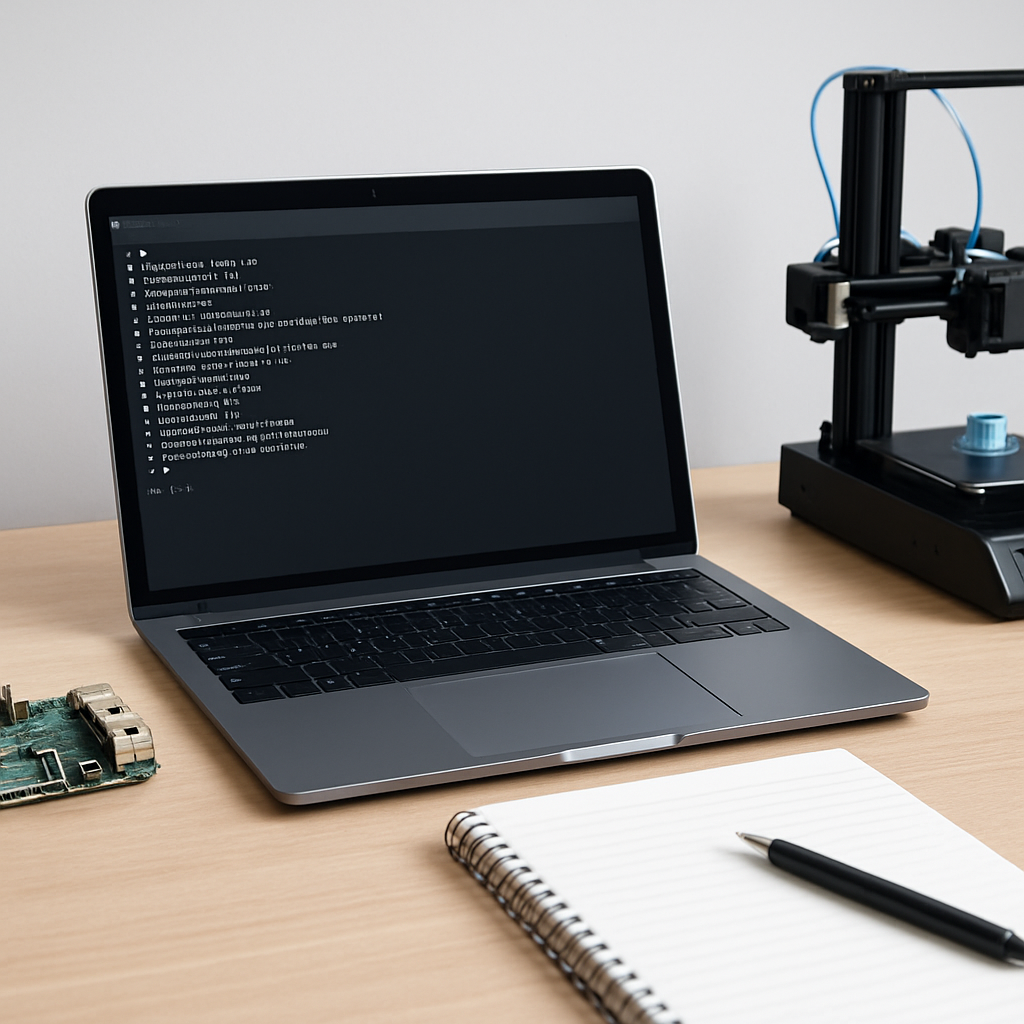 Ein aufgeräumter Arbeitsplatz mit Laptop, offenem Terminal und Notizblock; neben dem Laptop ein Raspberry Pi und ein kleiner 3D-Drucker als Hinweis auf Praxisanwendungen