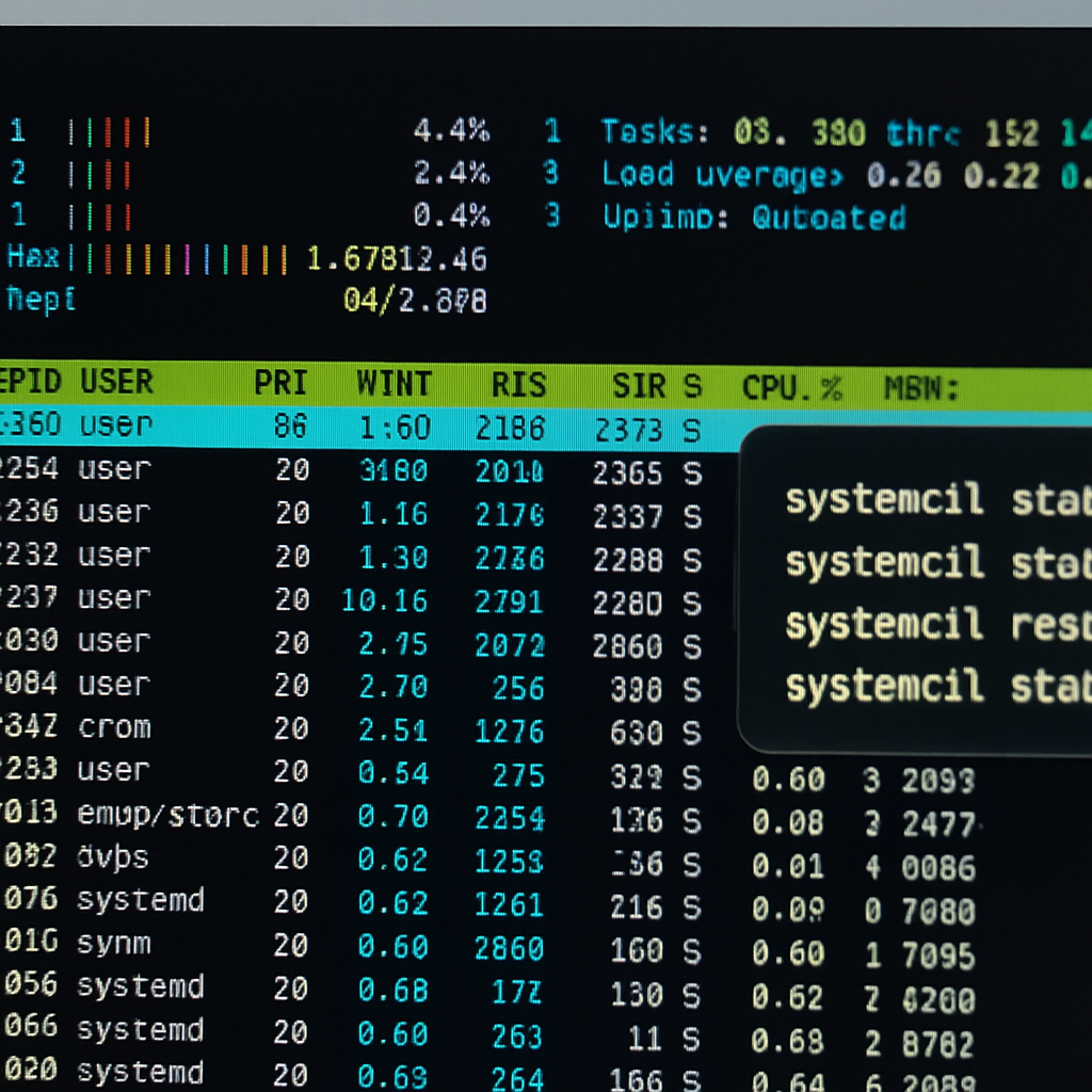 Screenshot-Style: Terminalausgabe von htop in farbiger, übersichtlicher Darstellung; daneben ein kleines Overlay mit systemctl-Befehlen
