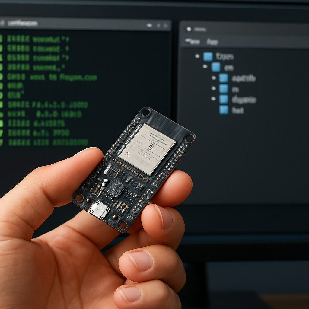 Makercorner: Nahaufnahme einer Hand, die ein ESP32-Modul hält, im Hintergrund ein Terminal mit serieller Ausgabe und daneben geöffnete Projektordner im Dateibaum