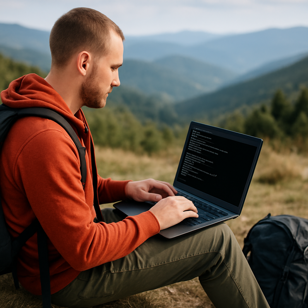 Abschlussszene: Eine Person auf einer kurzen Wanderpause, Laptop auf dem Schoß, Terminal offen - verbindet Hobby (Wandern) und Technik als Lifestyle-Motiv