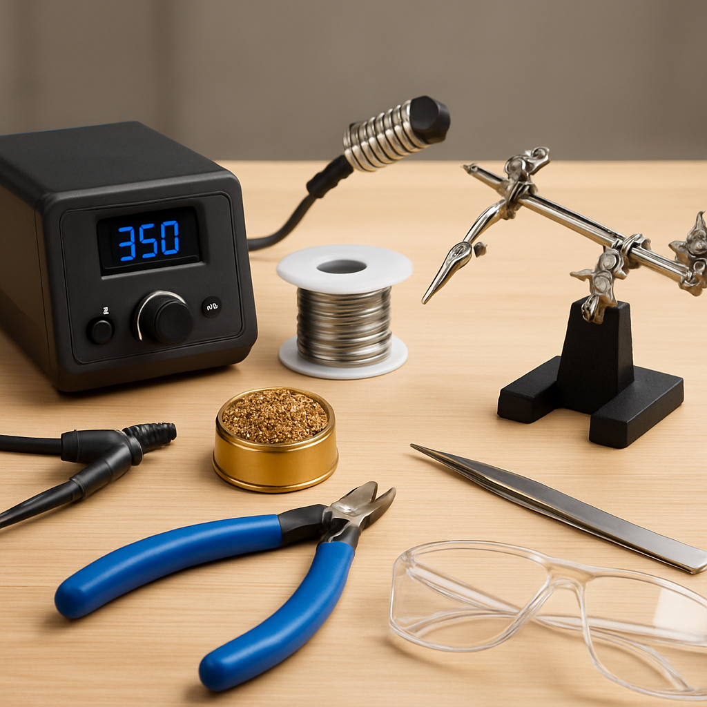 Workbench with essential soldering tools neatly arranged: a regulated soldering station, solder wire spool, brass sponge, third hand, side cutters, tweezers and safety glasses