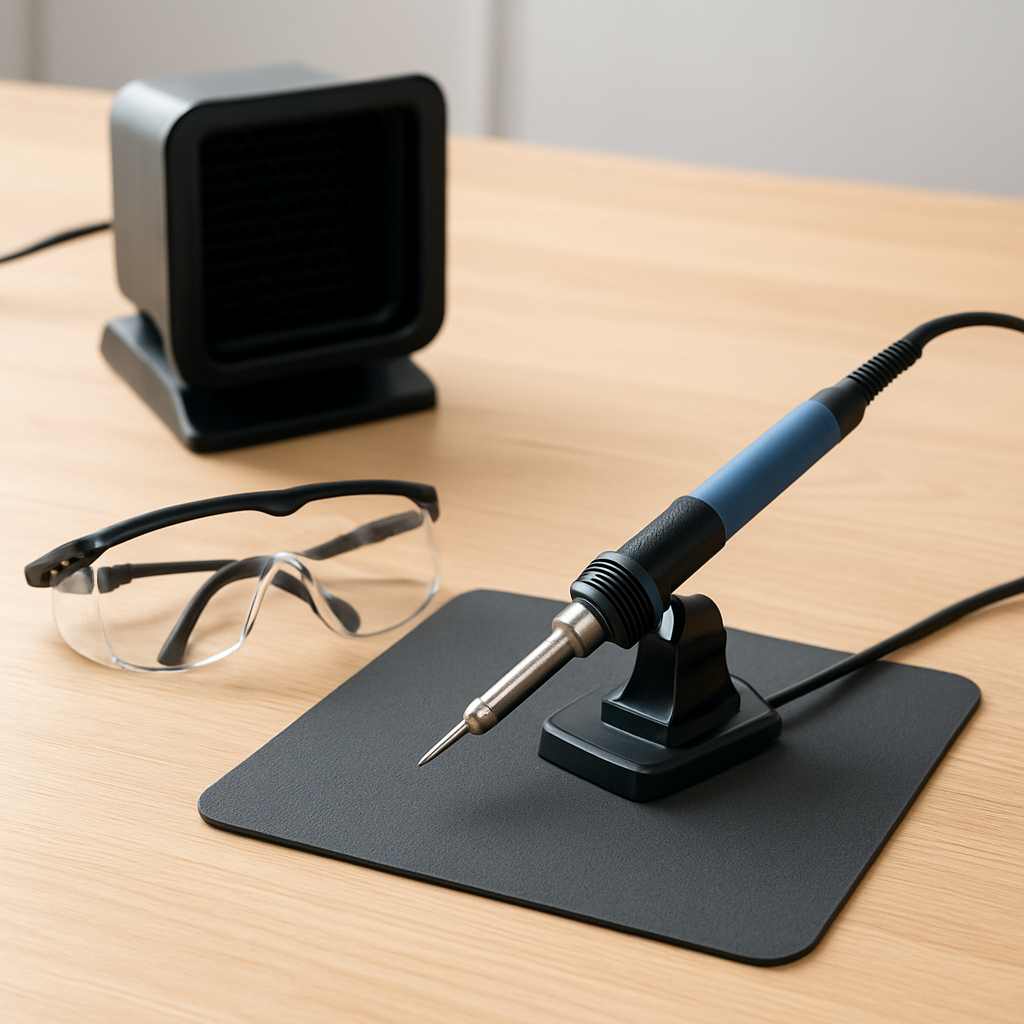 Well-lit soldering workstation with exhaust fan, safety glasses, and a heat-resistant mat