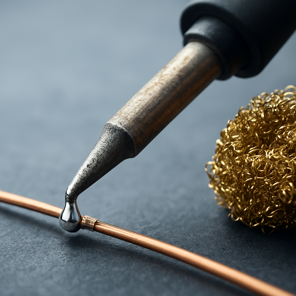 Close-up of a soldering iron tip being tinned with solder, with brass wool sponge visible nearby