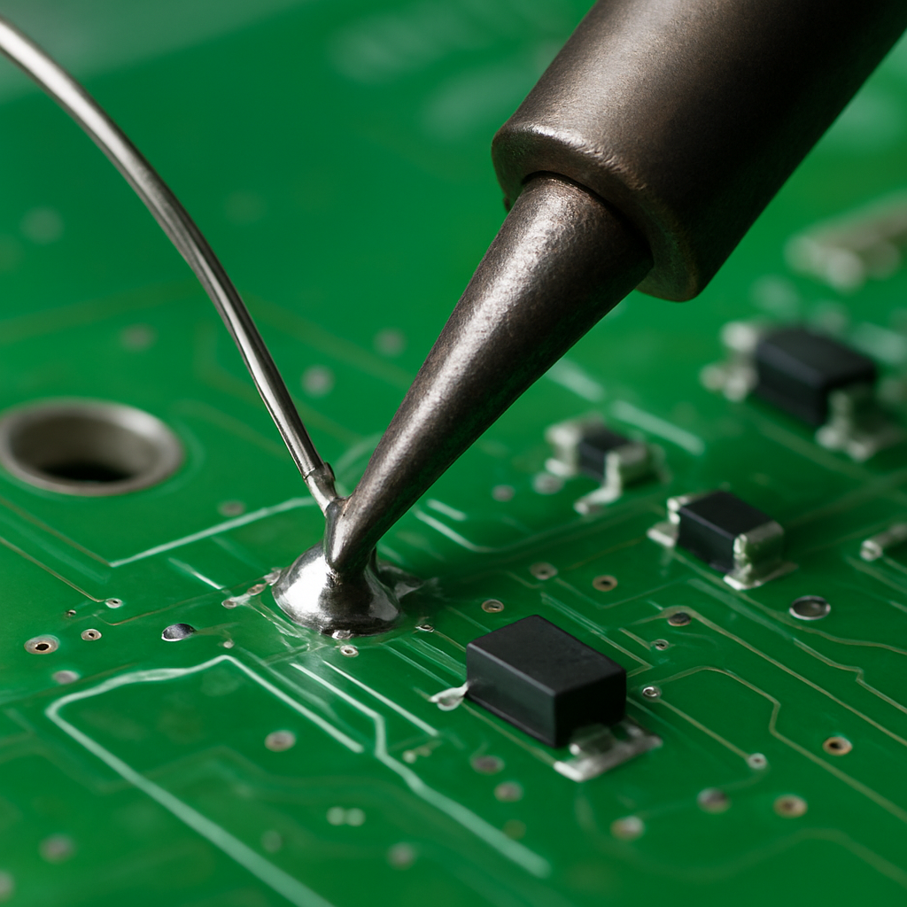 Soldering sequence close-up: tip touching pad and component lead, solder being fed to the joint, and a clean shiny finished joint