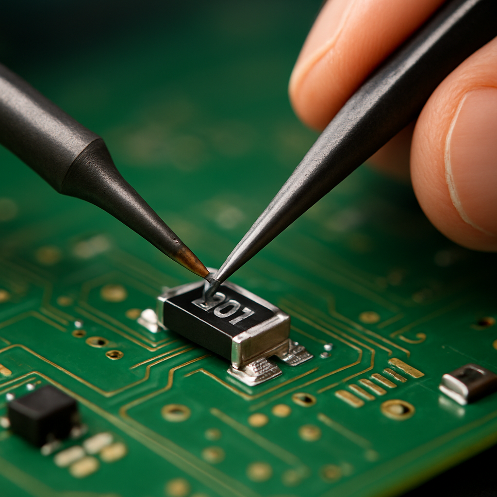 Microscopic view of an SMD component being soldered with fine tip and flux, showing a steady hand and tweezers