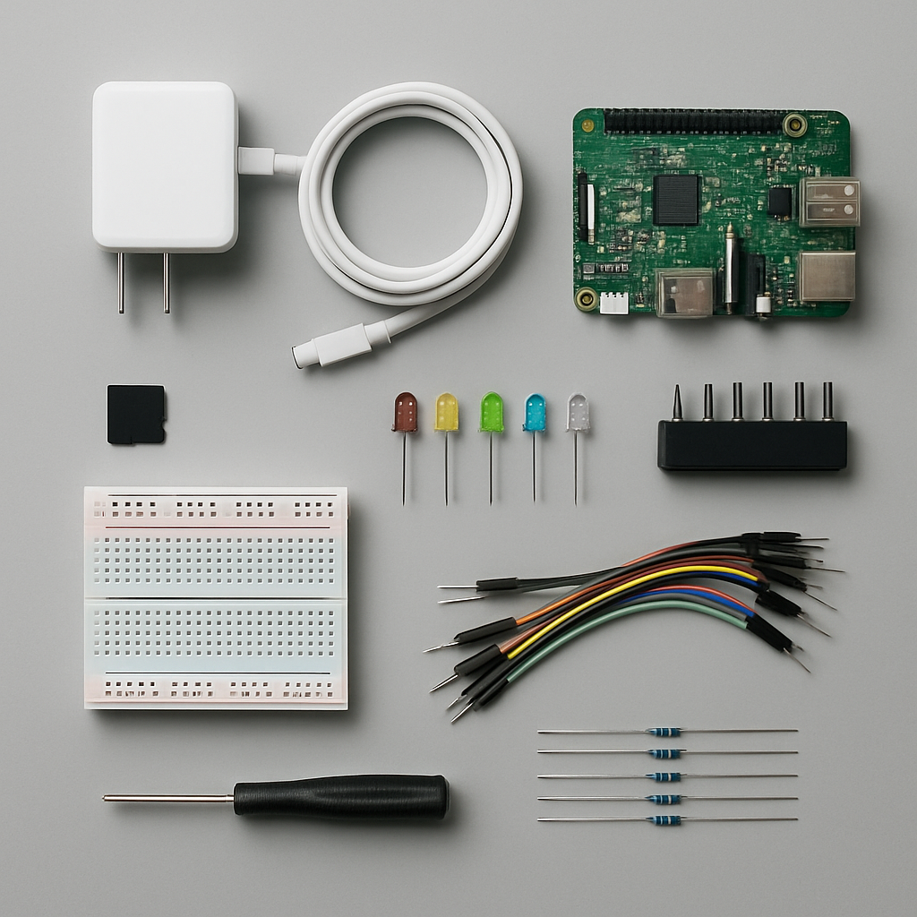 Flatlay photo of a starter kit: Raspberry Pi, microSD card, USB-C power supply, jumper wires, breadboard, LEDs, resistors and a small screwdriver set