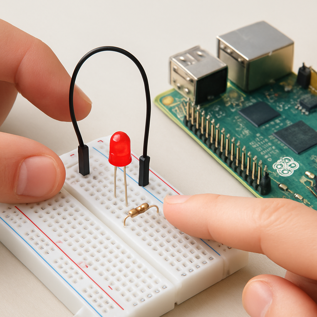 Close-up of a breadboard with an LED, resistor and jumper wire connected to a Raspberry Pi GPIO header; hands pointing out the anode/cathode orientation
