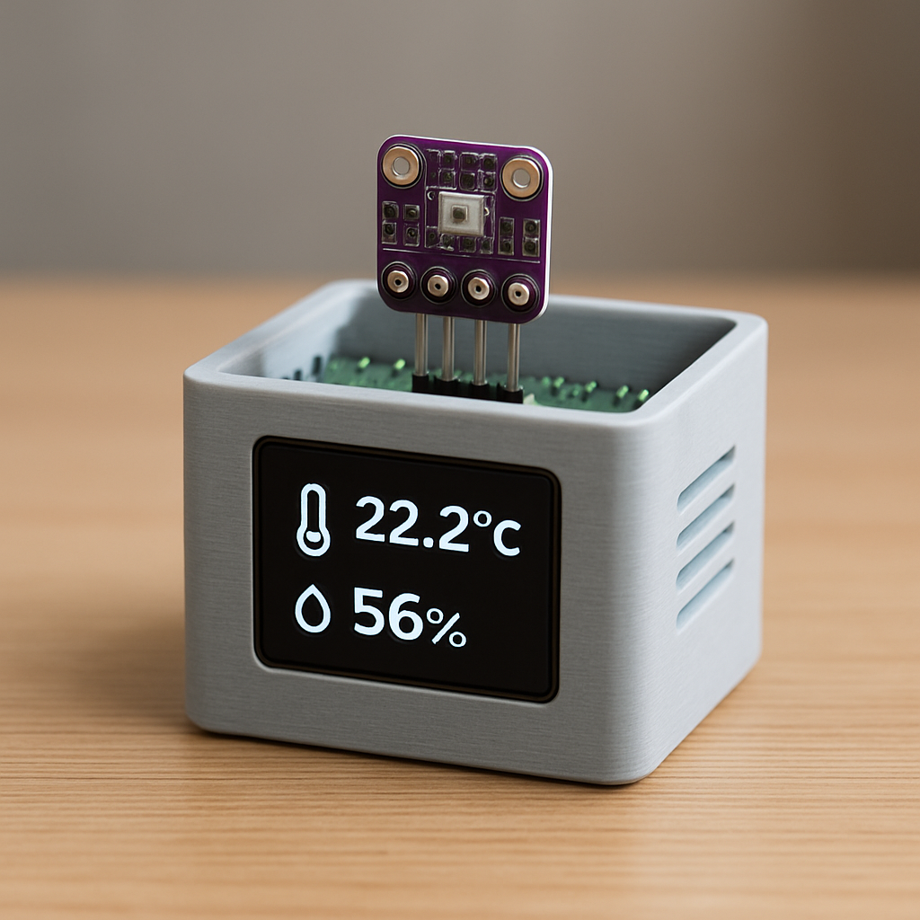 A small indoor weather station: Raspberry Pi in a 3D-printed enclosure, a BME280 sensor mounted on top, and a small OLED showing temperature and humidity