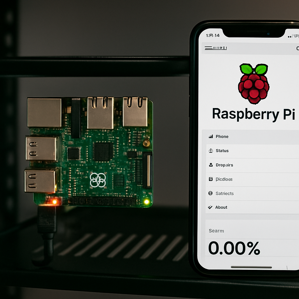 A Raspberry Pi in a small rack or shelf with LEDs indicating network activity; a phone screen beside it shows the Pi's web admin page
