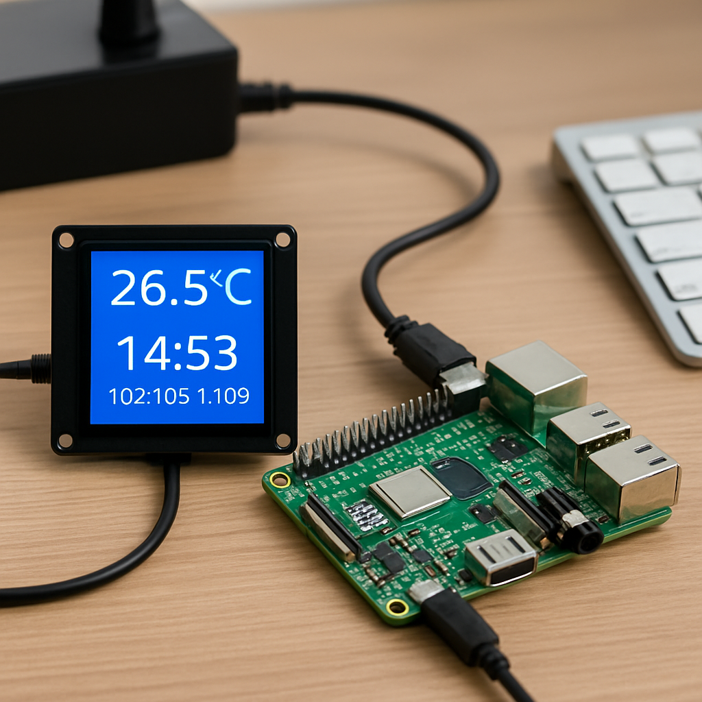 Desk dashboard with a small 2.9" color display showing temperature, time and IP address; cables are tidy and the setup looks finished and usable