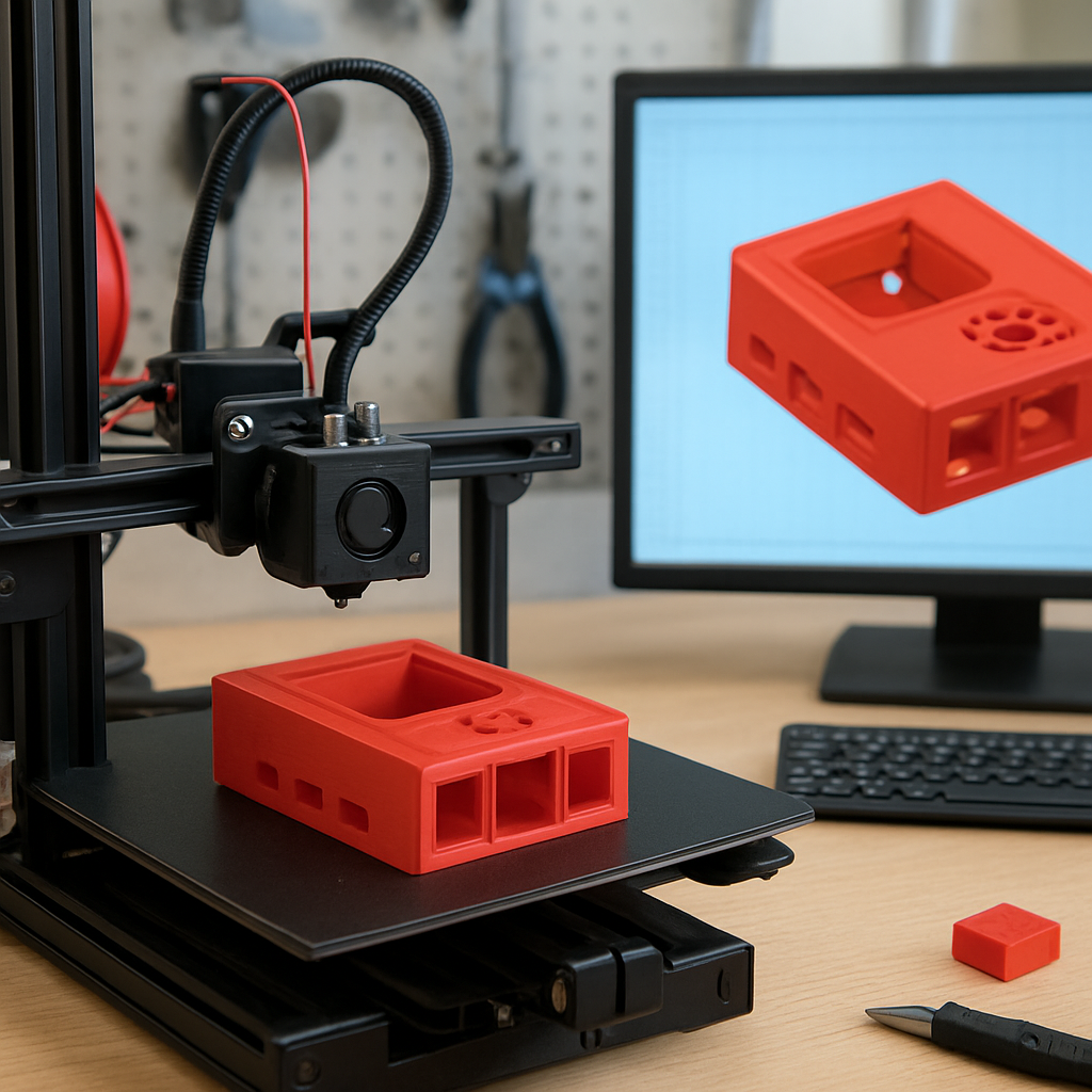 Workshop scene of a 3D printer mid-print of a Raspberry Pi case; beside it is a CAD screen showing the case design with cutouts for ports and fan mounting points
