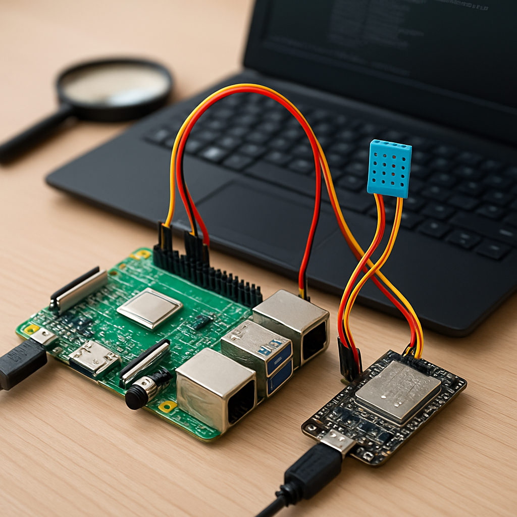 A neat wiring scene showing a Raspberry Pi connected via USB and serial to an ESP32 board; sensor cables run to the ESP32 while the Pi logs data on its screen