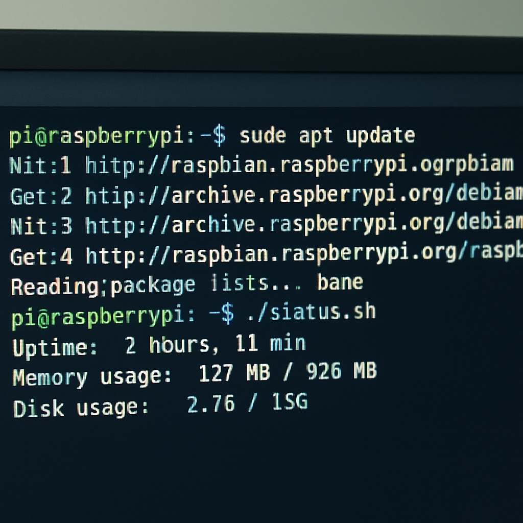 Terminal screenshot showing a clean prompt, a successful apt update and a small bash script listing system status