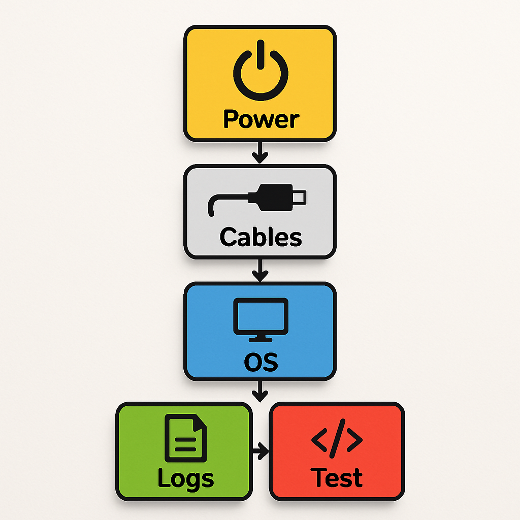 Flowchart style illustration showing the troubleshooting order: Power → Cables → OS → Logs → Test with simple script