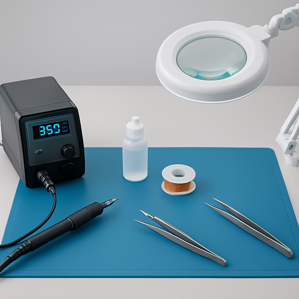 Übersicht der wichtigsten Werkzeuge auf einer sauberen Werkbank: geregelte Lötstation mit feiner Spitze, Pinzetten, Flussmittel, Entlötlitze, Lupenlampe, ESD-Matte