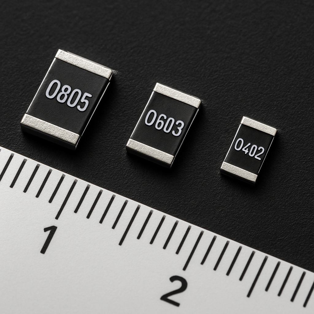 Vergleichsaufnahme: Widerstände in 0805, 0603 und 0402 nebeneinander auf schwarzem Hintergrund, Maßstäbe sichtbar