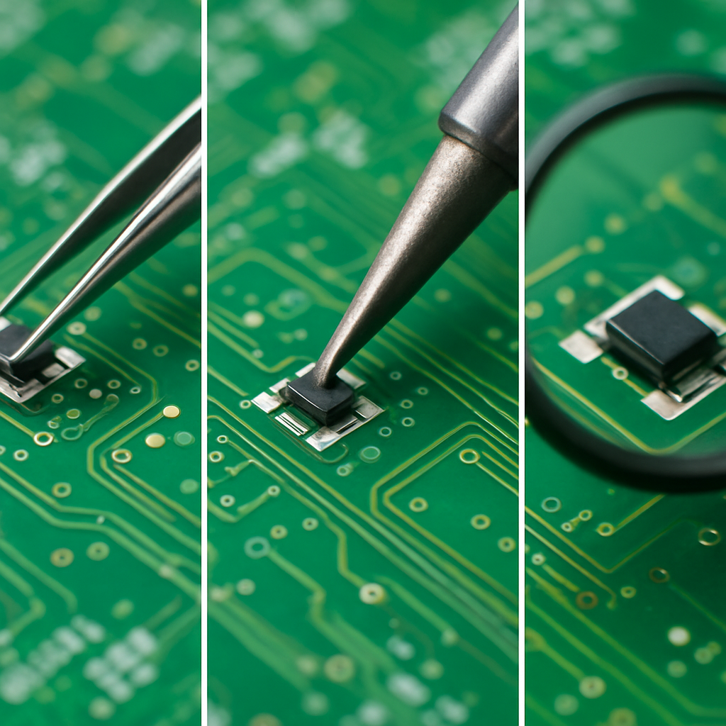 Sequenz aus drei Bildern: 1) Pinzette positioniert Bauteil, 2) Lötspitze lötet erstes Pad, 3) Lupe zeigt fertige Lötstelle