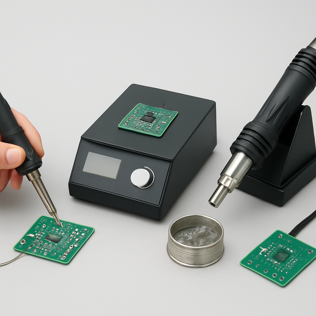 Illustration: Übersicht der drei Techniken - Lötkolben für Handlöten, Lötpasta mit Hotplate für Reflow, Heißluft-Station für Rework