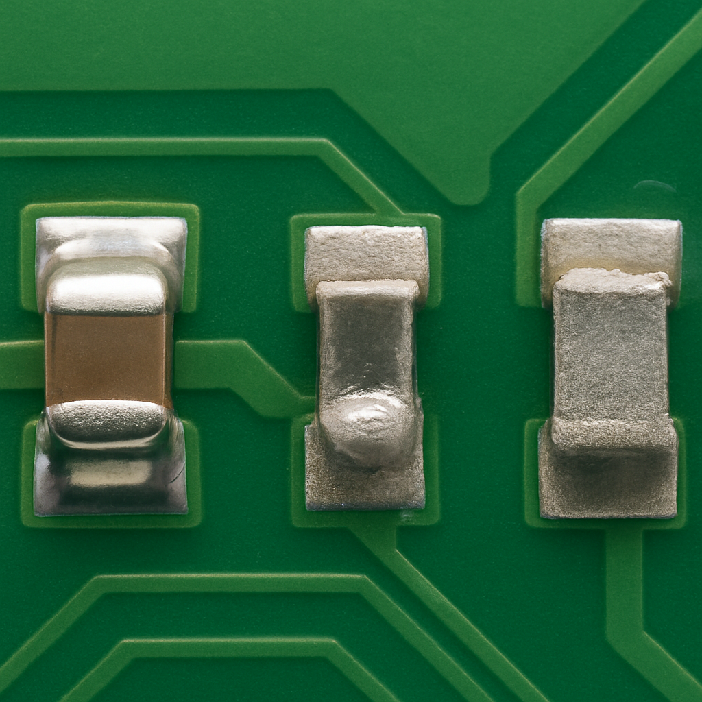 Closeup-Diagram: Vergleich einer guten glänzenden Lötstelle vs. einer matten kalten Lötstelle und einer Lötbrücke