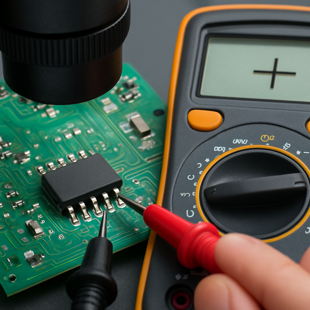Fotografie: Mikroskopansicht einer SOIC-Lötleiste beim Prüfen; daneben Multimeter mit Messspitzen, das einen Kurzschlusscheck zeigt