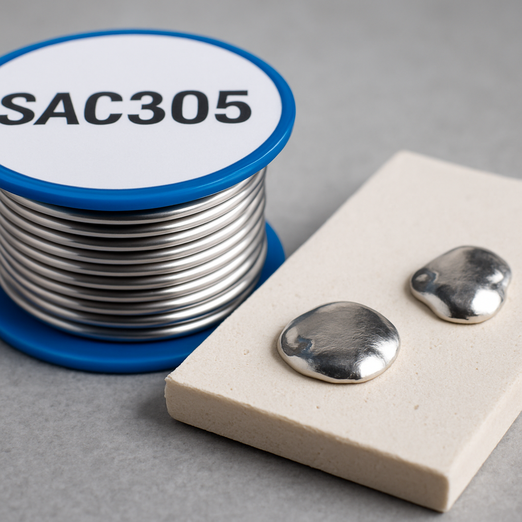 Close-up einer Lotrolle mit der Beschriftung SAC305; daneben zwei kleine Proben geschmolzenen Lots auf einer keramischen Platte