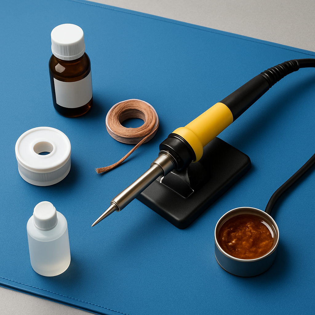 Ein organisierter Werkzeugbereich mit Lötkolben, Entlötlitze, Flussmittel, ESD-Matte und Isopropanol
